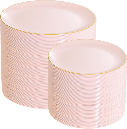 PULOTE 200Pieces Pink Plastic Plates - Premium Hard Pink and Gold Disposable - Include 100PCS 10 inch Dinner & 100PCS 7 inch Dessert Plates, Ideal for Wedding & Party