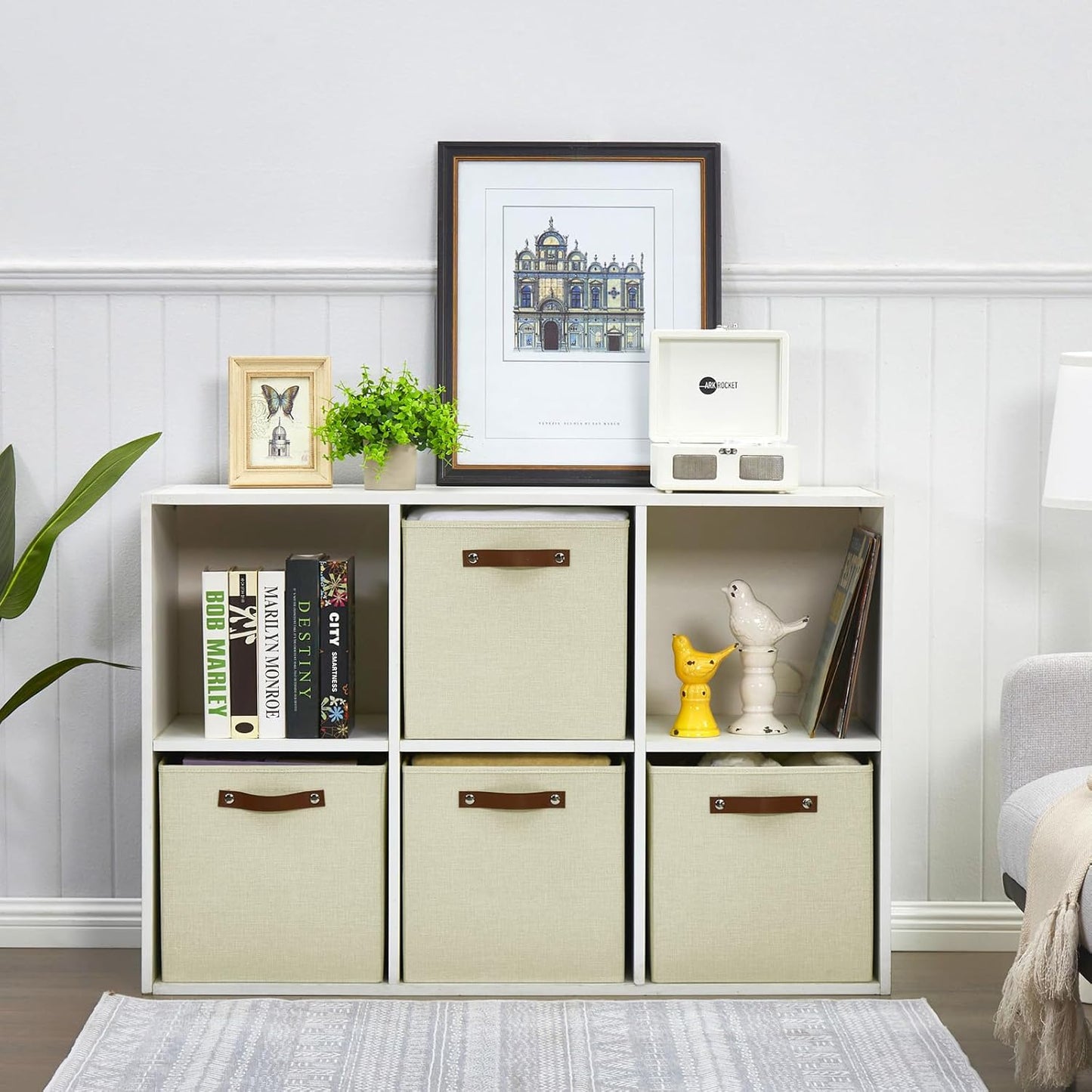 Collapsible Fabric Storage Cube Bins with 2 Reinforced PU Handles, Foldable Storage Organizer Baskets for Closet, Shelves, Living Room | 13"x13"x13", 4 Pack, Full Beige