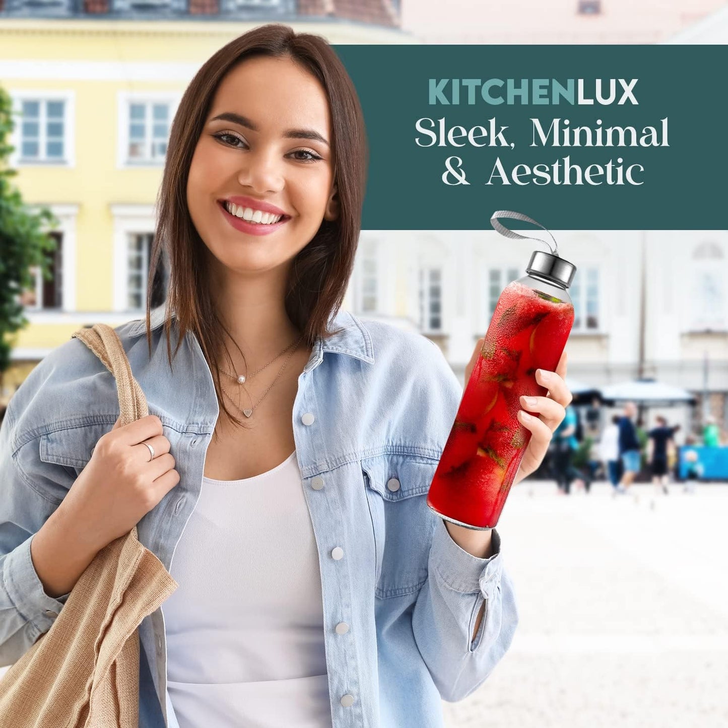 16 Ounce Glass Water Bottles, Reusable Water Bottles with Airtight, Pack of 12, Stainless Steel Lids Carrying Strap And Nylon Water Bottle Protective Sleeves for Hot Or Cold Drinks