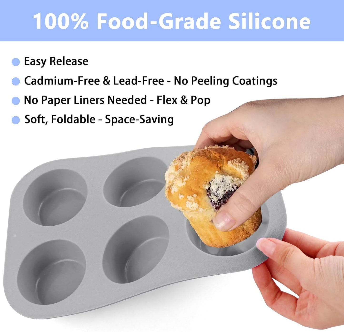 3-Pack 6-Cup Silicone Muffin Pans, Nonstick Cupcake Baking Molds, BPA/PFA-Free, Dishwasher & Oven Safe - Gray