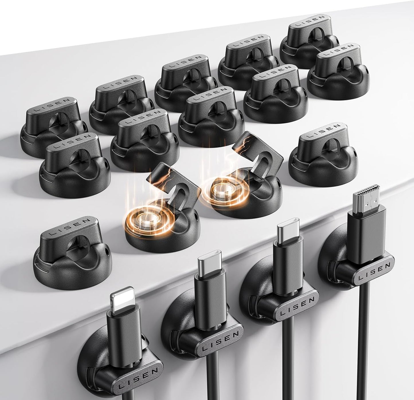 18-Pack Magnetic Cable Clips [1S Snap-On] Cord Holder, LISEN Office Desk Organizers and Accessories with 9 Extra Strong Adhesive Pads, Wire Organizer for Nightstand, Home, Wall, Car, Desktop