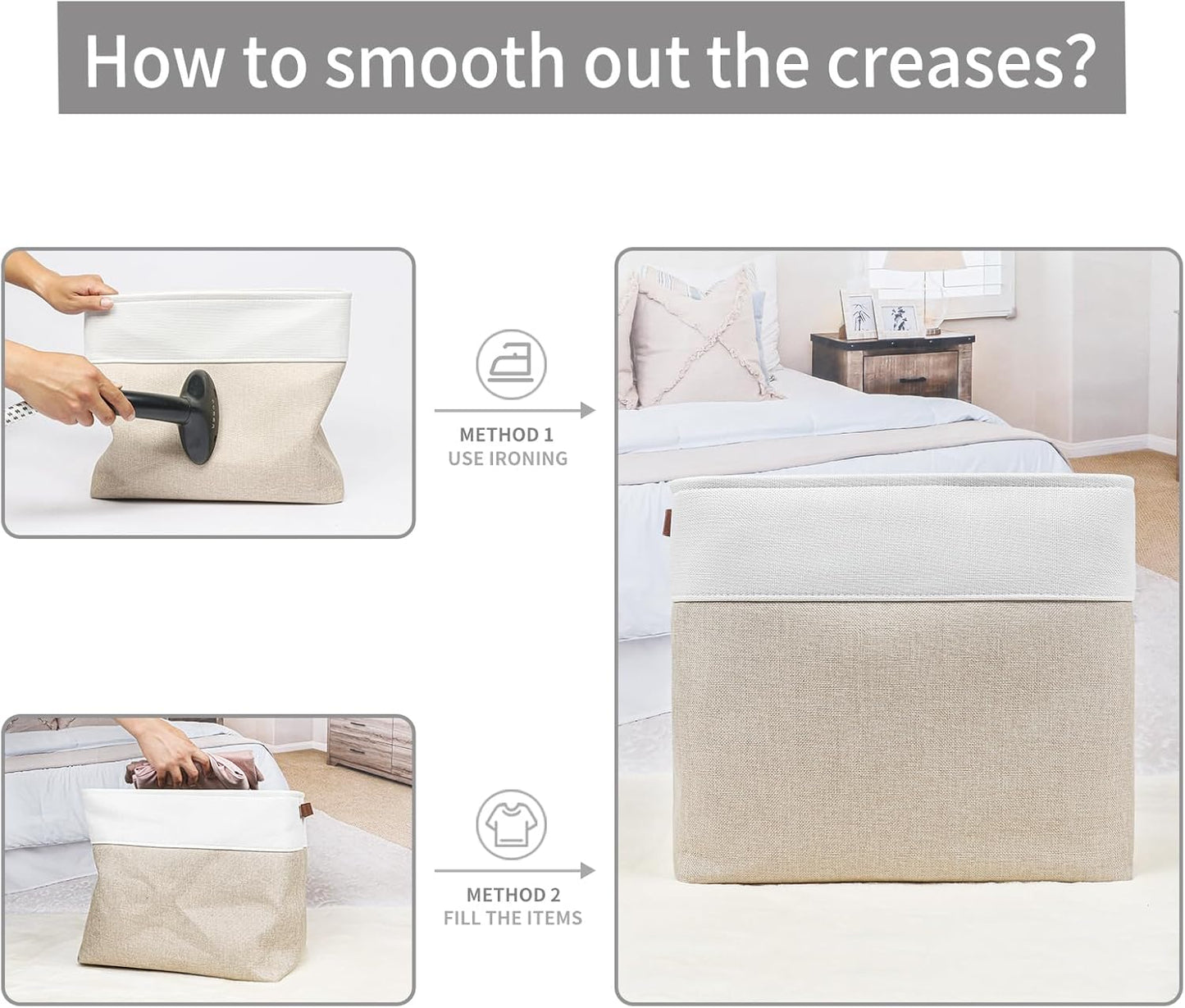 Large Fabric Storage Baskets | 50L Storage Bins, Decorative Linen Closet Baskets with Handles for Organizing, Shelf, Toys, Clothes, Home, Office, Nursery, 17x12x15Inches (Beige&White)