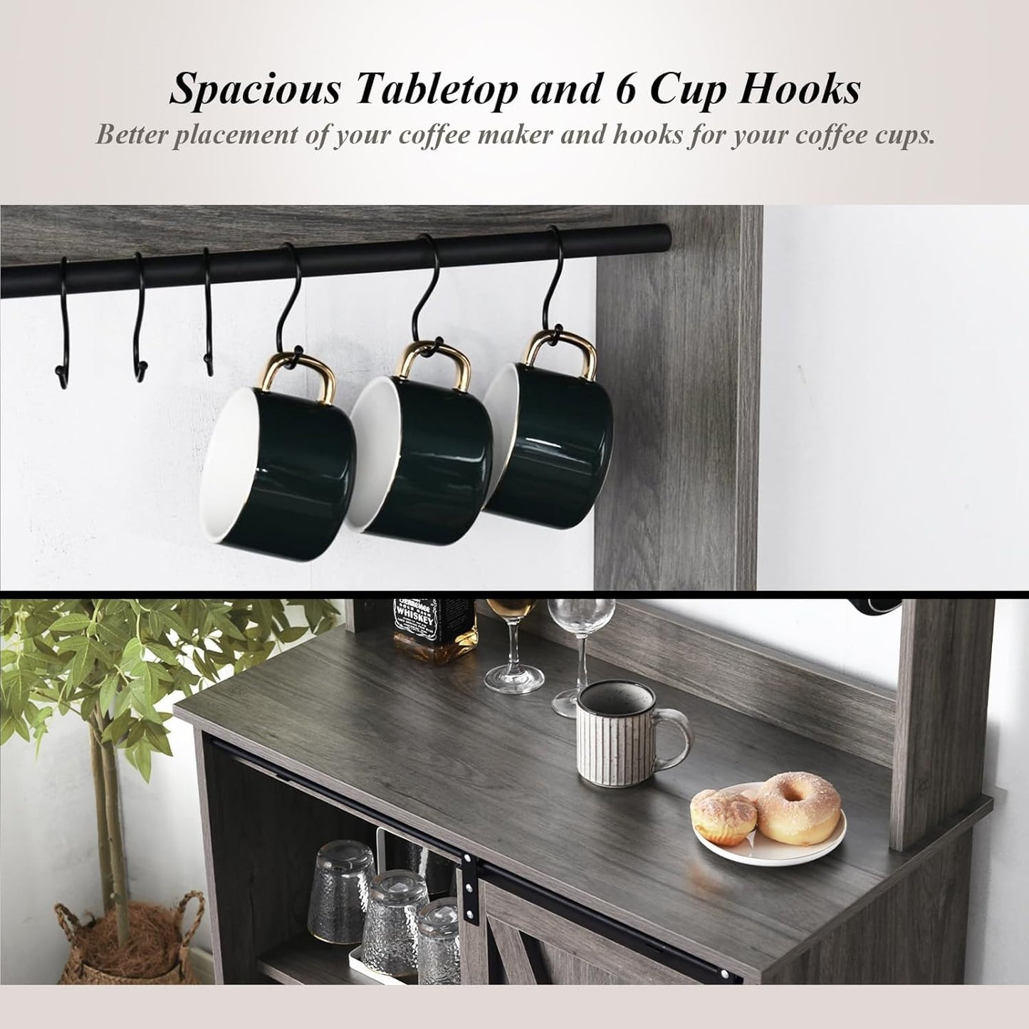 4ever2buy Farmhouse Coffee Bar Cabinet with 6 Hooks, 50'' Kitchen Buffet Hutch Cabinet with Sliding Barn Door, Small Coffee Bar Table with Hutch for Dining Living Room, Wash Gray