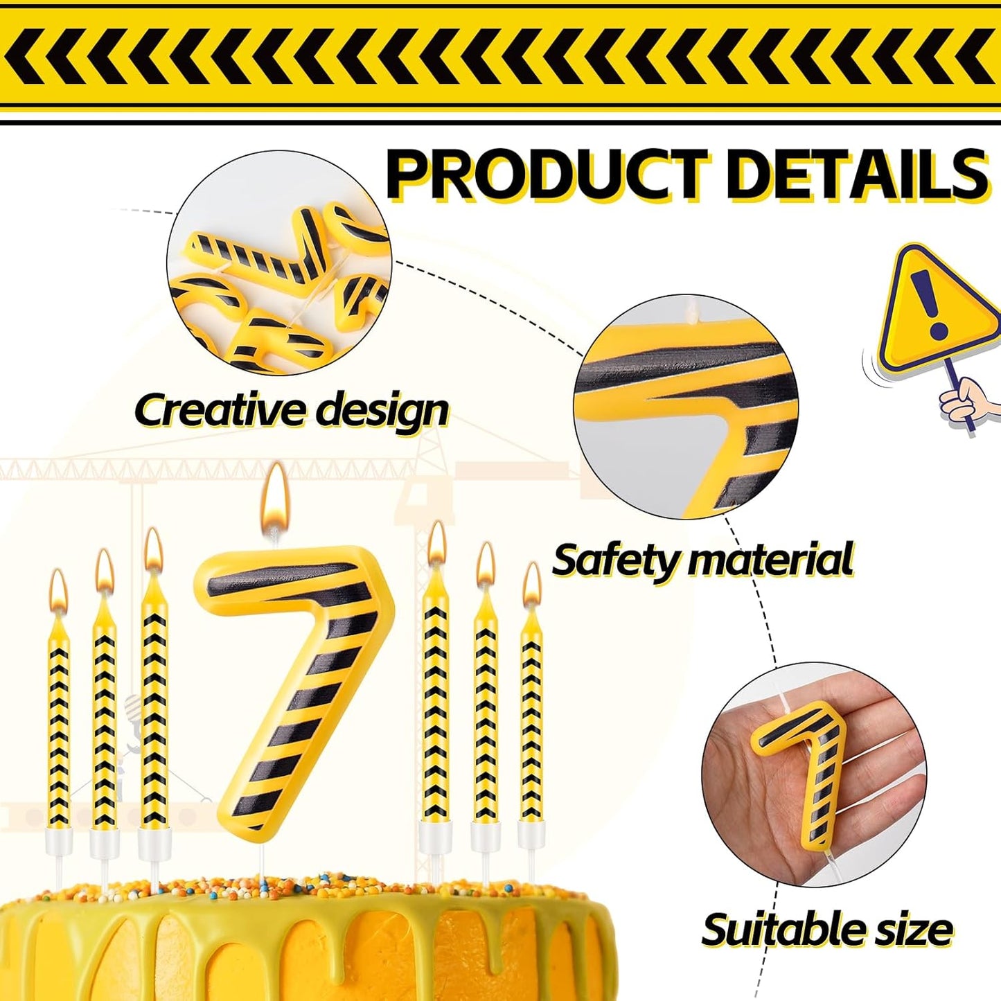 13 Pcs Construction Themed Birthday Candles Set Yellow and Black Number 7 Candle Cake Topper for Construction Party Decoration Supplies (Number 7)