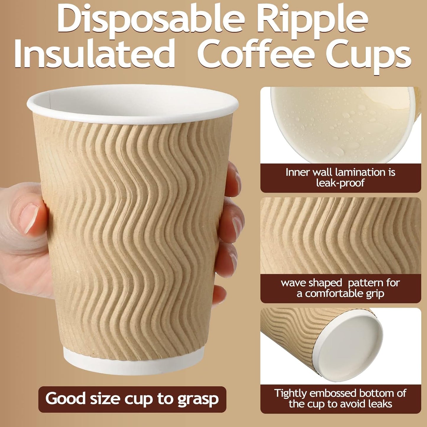 Foaincore 250 Pack 12 oz Paper Cups Bulk Disposable Ripple Insulated Ripple Wall Paper Coffee Kraft Hot Beverage Coffee Cups for Hot Beverage Cold Drinks Party