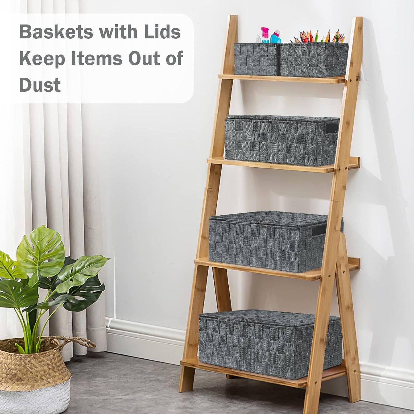 Storage Bins with Lids, Woven Storage Box Organizer Containers Decorative Baskets Cube for Clothes Bedroom Closet Office (5 Pack, Grey)