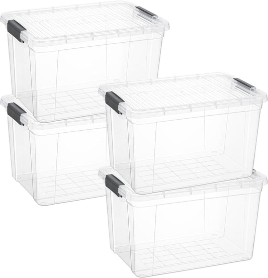 Superio Clear Storage Boxes with Lids, 26.5 Quart Plastic Container Bins for Organizing, Stackable Crates, BPA Free, Non Toxic, Odor Free, Organizers for Home, Office and Dorm, 4 Pack