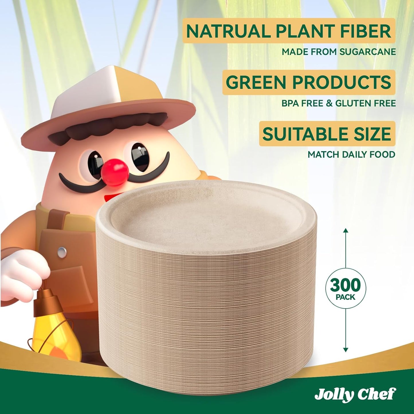 JOLLY CHEF Compostable Heavy Duty Plates 𝟭𝟬 𝗜𝗻𝗰𝗵 [𝟯𝟬𝟬 𝗣𝗮𝗰𝗸] Eco-Friendly Disposable Paper Plates Made of Bagasse Biodegradable Bulk for Party Dinner Sugarcane Fibers Round (Natural)