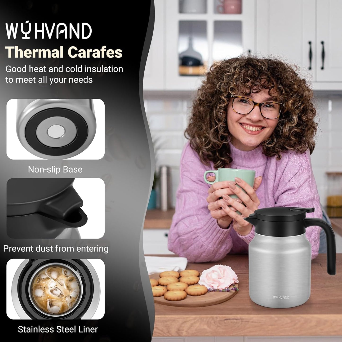 34Oz Thermal Coffee Carafes For Keeping Hot/Cold, Stainless Steel Coffee Carafe, Dustproof Insulated Water Carafe for Party/Home,Silver