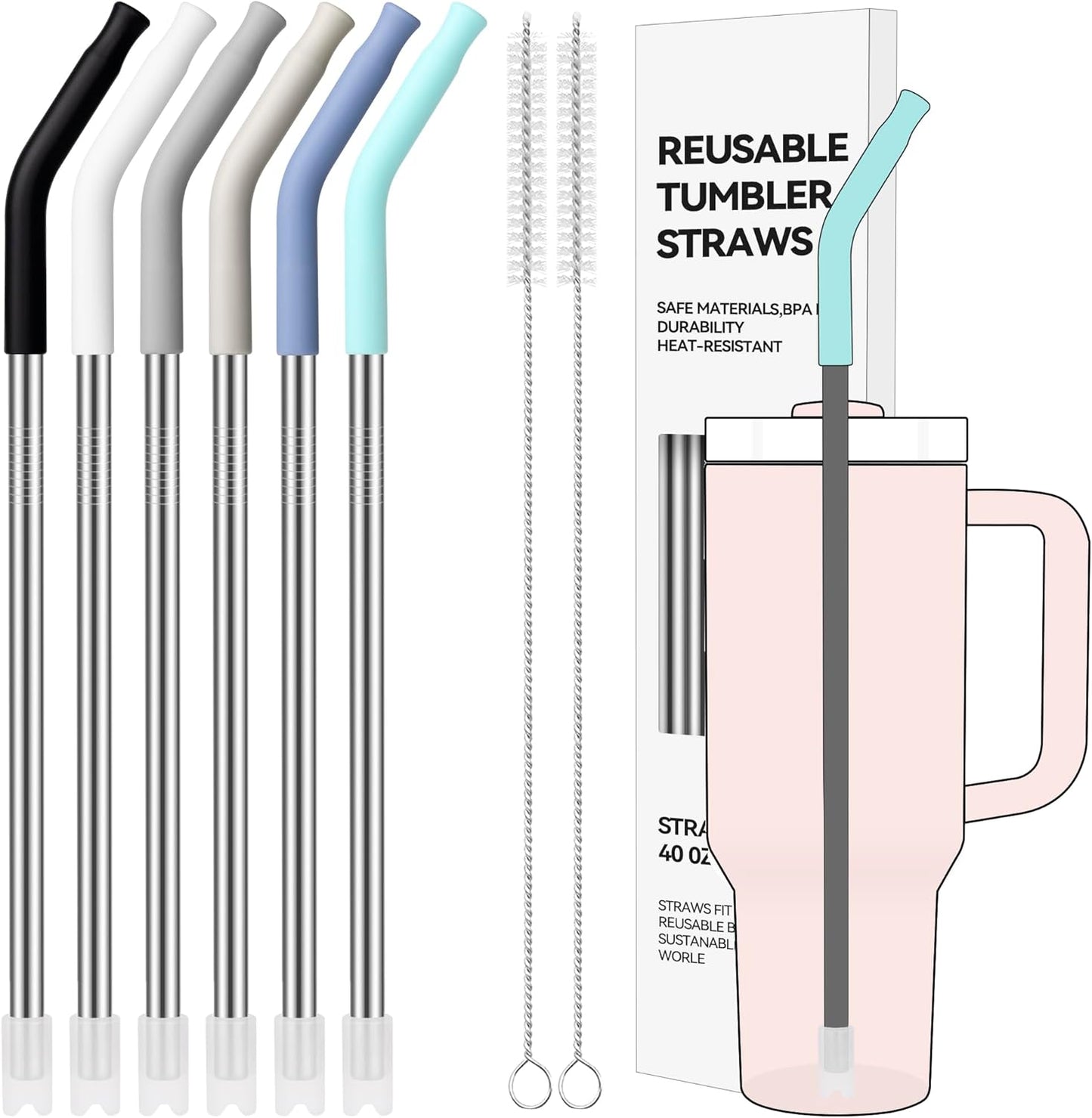 40 oz Straight Metal Straws for 40 oz Stanley Tumbler, 6 Pcs Stainless Steel Reusable Drinking Metal Straw with Colourful Silicone Tips,Straw for Glass Cups, BPA FREE