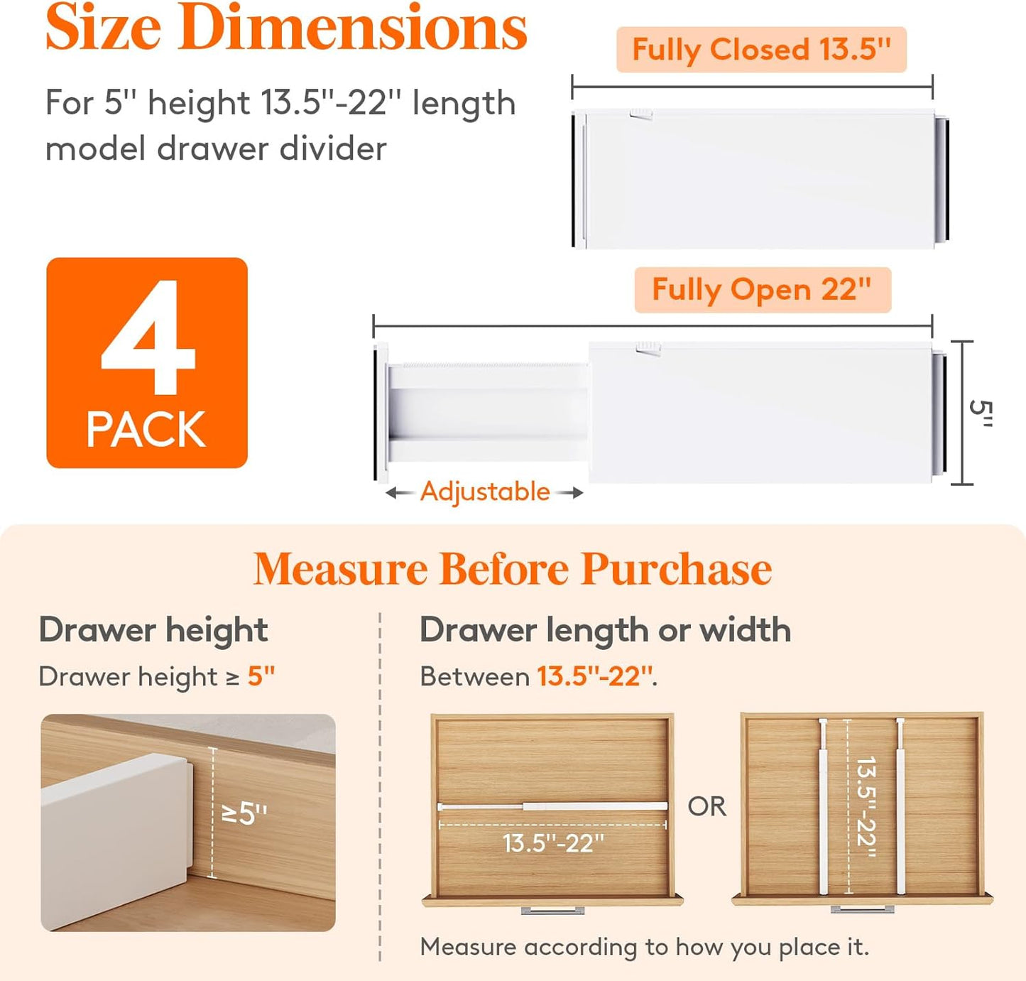 Lifewit 4 Pack Drawer Dividers Plastic 5" High, 13.5-22" Adjustable Drawer Organizers for Clothes, Expandable Dresser Separators in Bedroom/Bathroom/Kitchen/Fridge/Office Organization and Storage