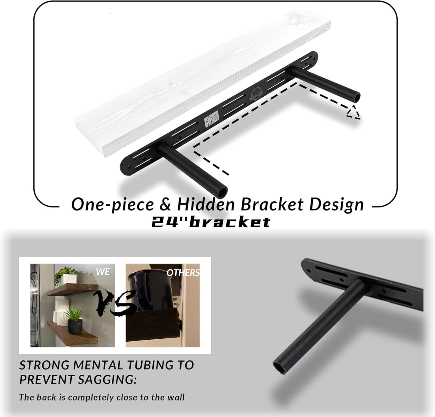 Rustic Floating Shelves 24 inch Long 8 inch deep Set of 2, Solid Wood Wall Shelves for Bedroom Living Room Kitchen,Book Shelf for Wall, Wall Mounted Shelves with Hidden Bracket- White