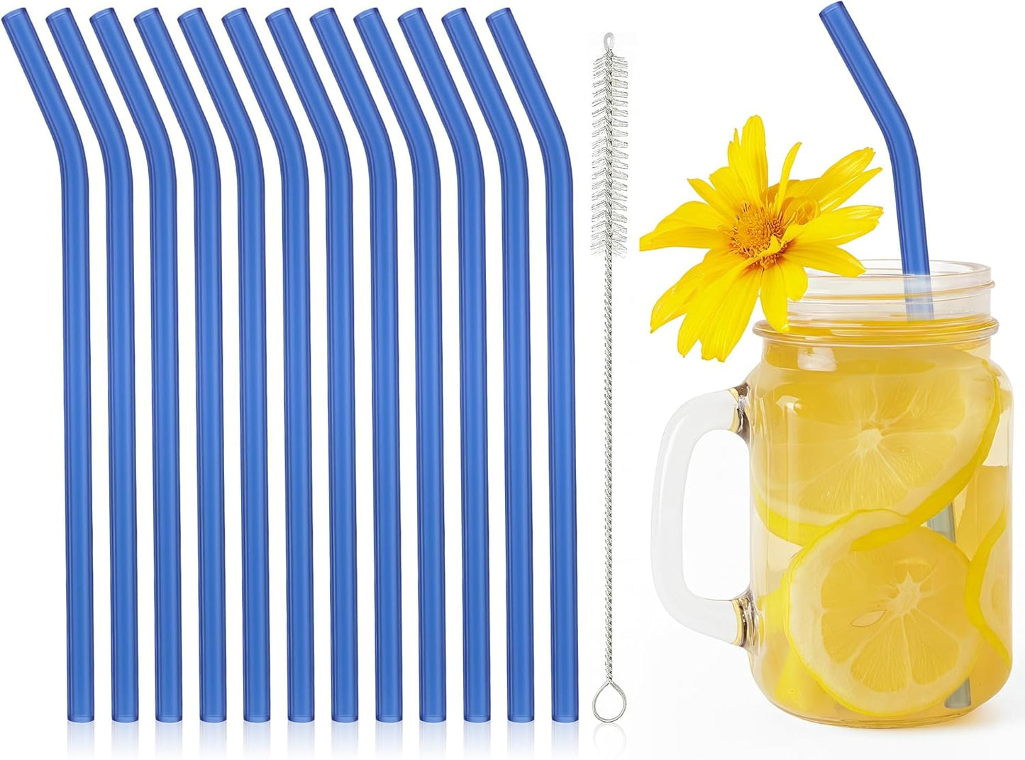12 Pcs Reusable Glass Straws 8"x 8 mm Bent Glass Drinking Straws with Cleaning Brush for Tea, Smoothies, Milkshakes, Juices,Beverages(Light blue)