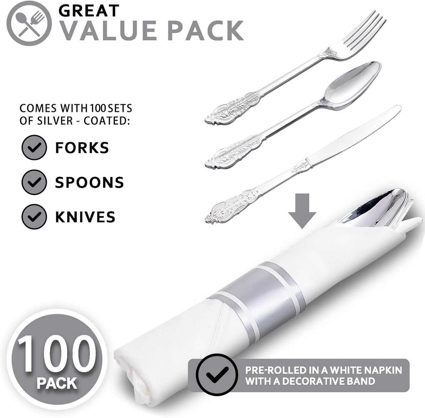 400PCS Pre Rolled Silver Plastic Silverware Sets - Heavy Duty Fancy Silver Cutlery - Include 100 Pack Wrapped Disposable Utensils with Napkins for Parties, Dinners & Weddings