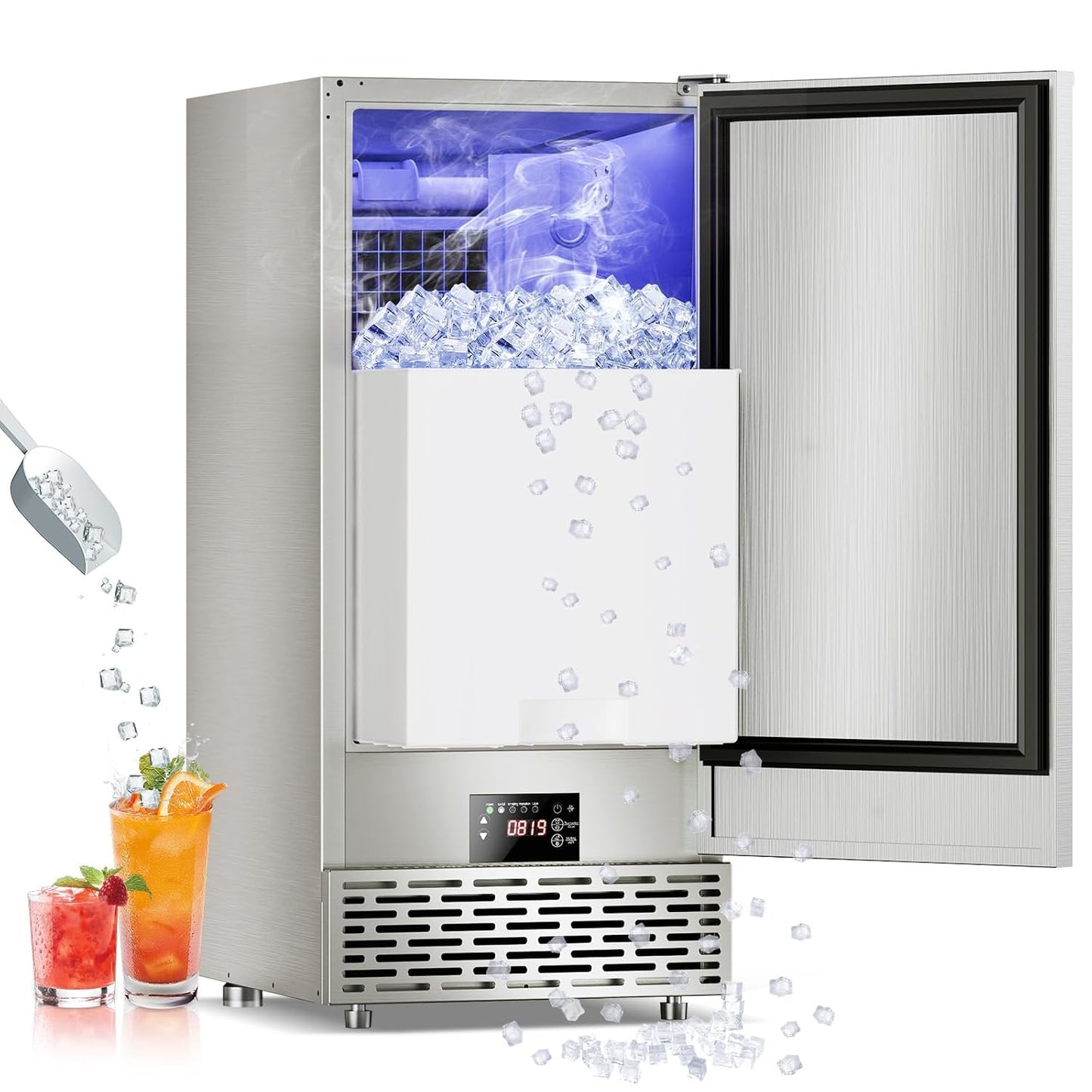 120LB/Day Commercial Under Counter Ice Maker with Smart LCD & Customizable Ice – Under Counter Freestanding, Built 25LBS Ice Storage 6-Min Quick Cycle, Energy Efficient