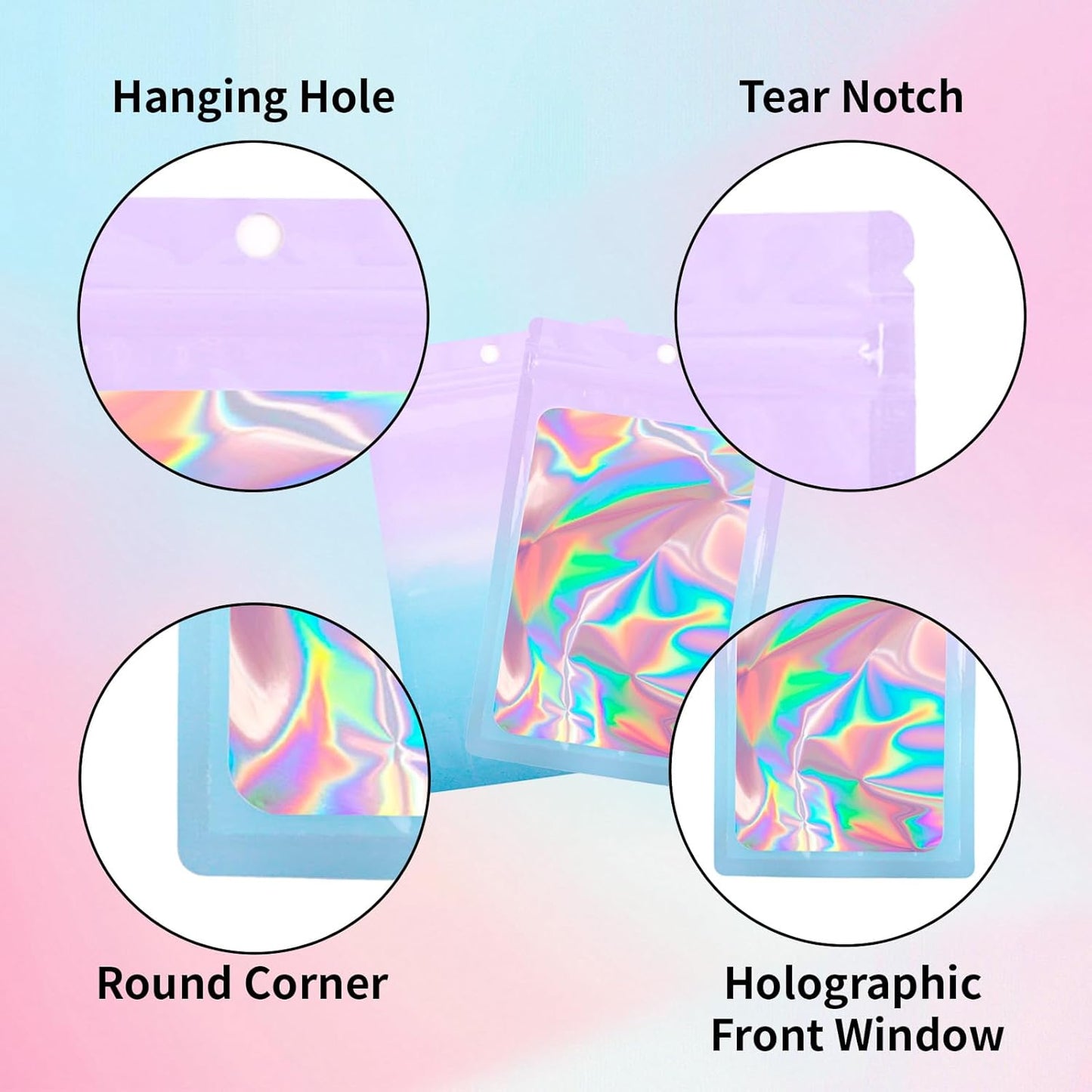 200 Pack Resealable Mylar Holographic Bags Food Storage Smell Proof Bags with Front Window Foil Packaging Pouch for Candy Sample Jewelry Small Business 2.95×4.72 Inch, Pink Fade Blue