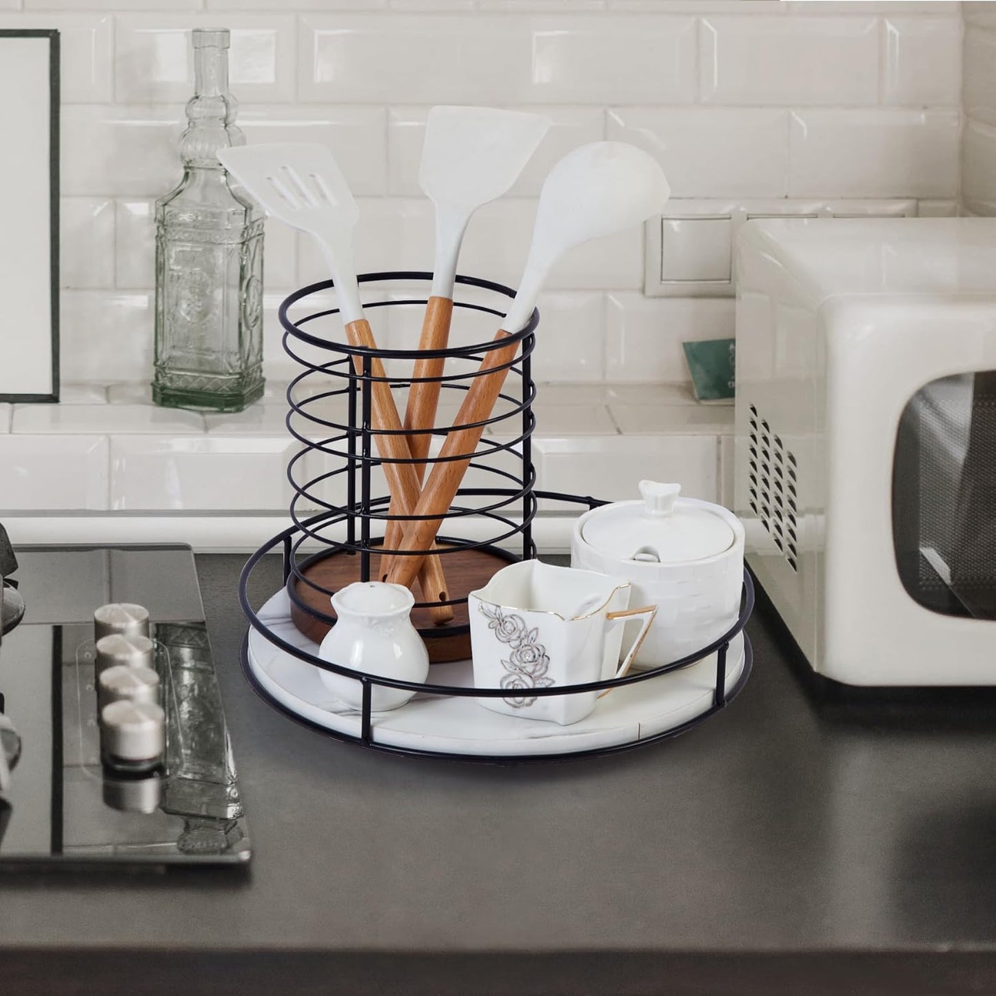 12 Inch White Wood Lazy Susan Turntable for Table, Kitchen Rustic Brown Turntable Organizer with Steel Frame, 360 Degree Decorative Lazy Susan for Countertop Cabinet or Centerpieces