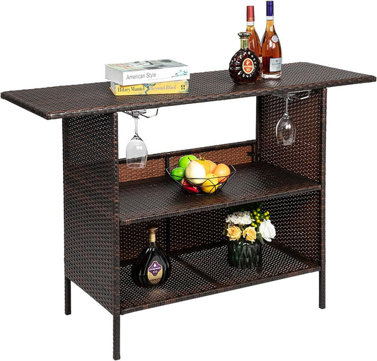 Outvita Outdoor Bar Counter Table, Patio Wicker bar Table with 2 Layer Shelves and Wine Racks for Poolside, Backyard, Garden, Porches Brown