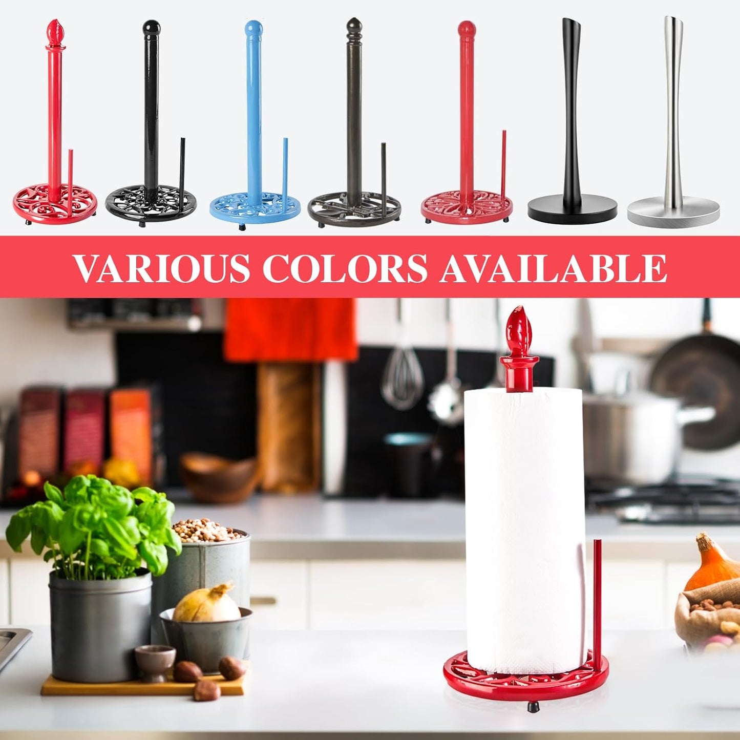 JOGREFUL Paper Towel Holder Stand, Cast Iron Kitchen Paper Towel Countertop Vintage Stand with Weighted-Base, Bathroom Organization for Family Standard Large Size Roll Paper, Leaf Top, Red