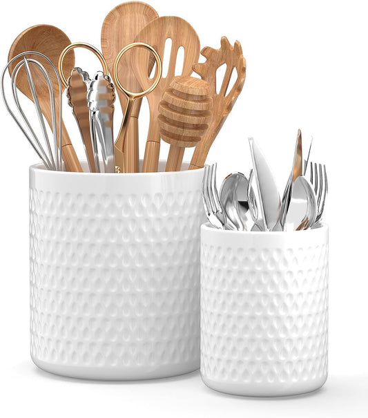 2 Pack Ceramic Utensil Caddy, Large Spatula Holder, Farmhouse Kitchen Decor for Silverware Spoon Crocks