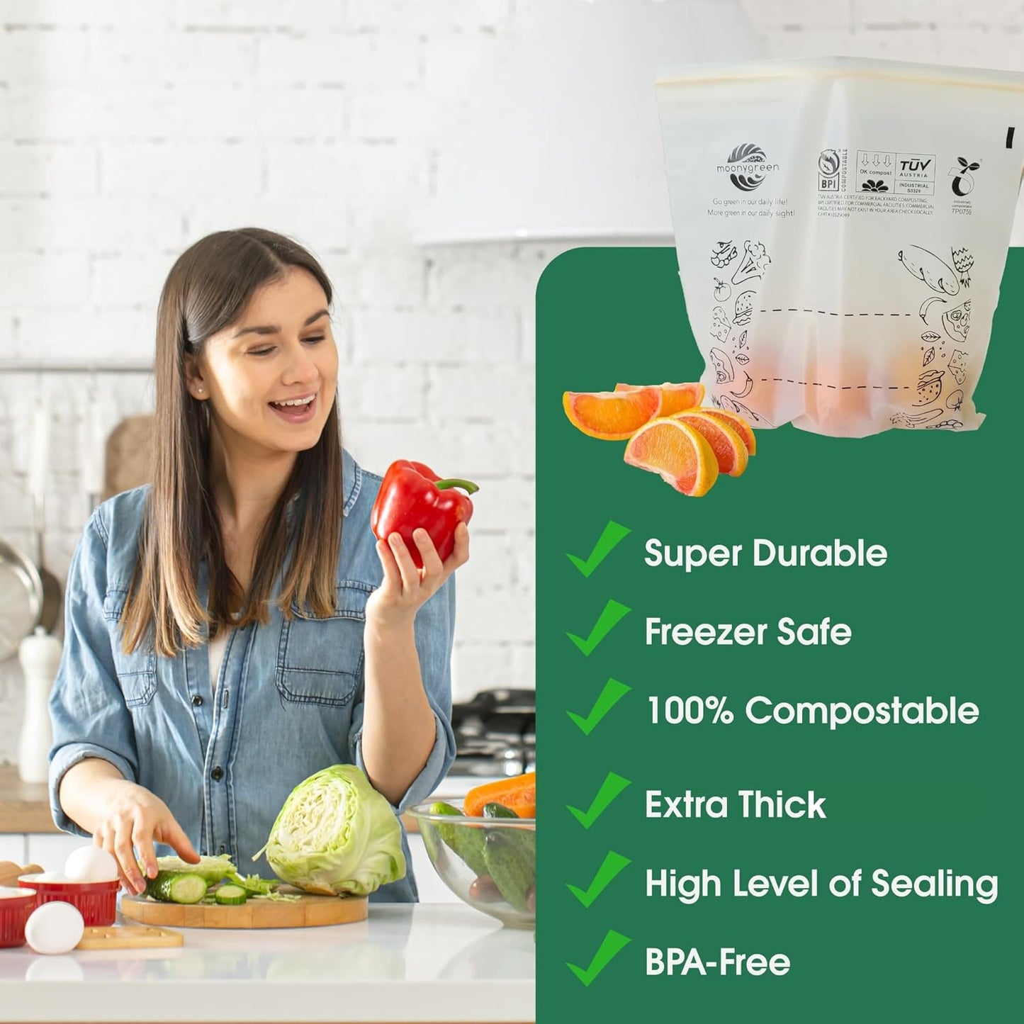 Compostable Food Storage Bags, Resealable, 50 Snack, 50 Sandwich, 30 Quart, 30 Gallon, Extra Thick, Certified US BPI ASTM D6400 Europe OK Compost