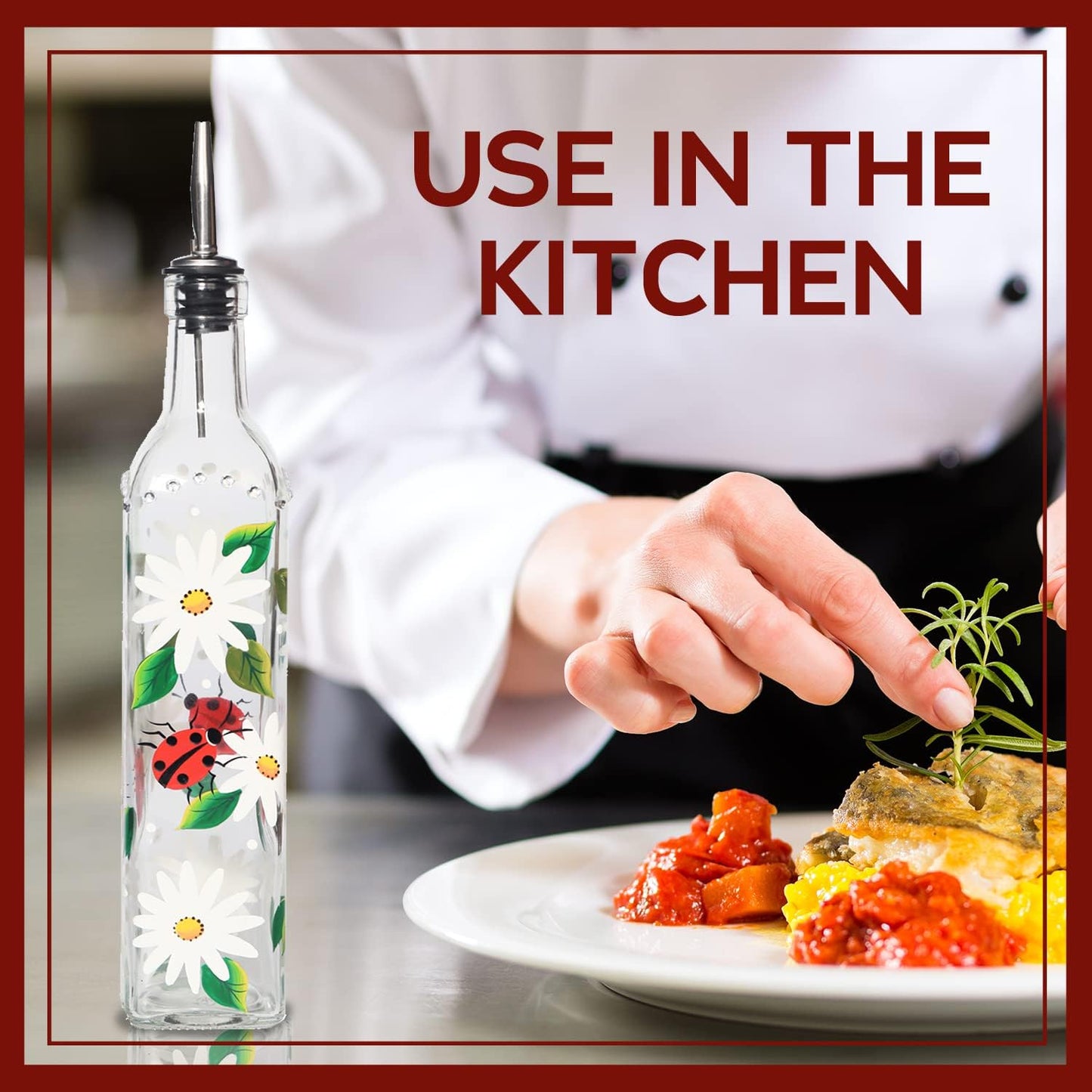 17oz Hand Painted Glass Olive Oil Bottle - 500ml Green Oil & Vinegar Cruet with Pourers - Olive Oil Carafe Decanter for Kitchen (Daisy)