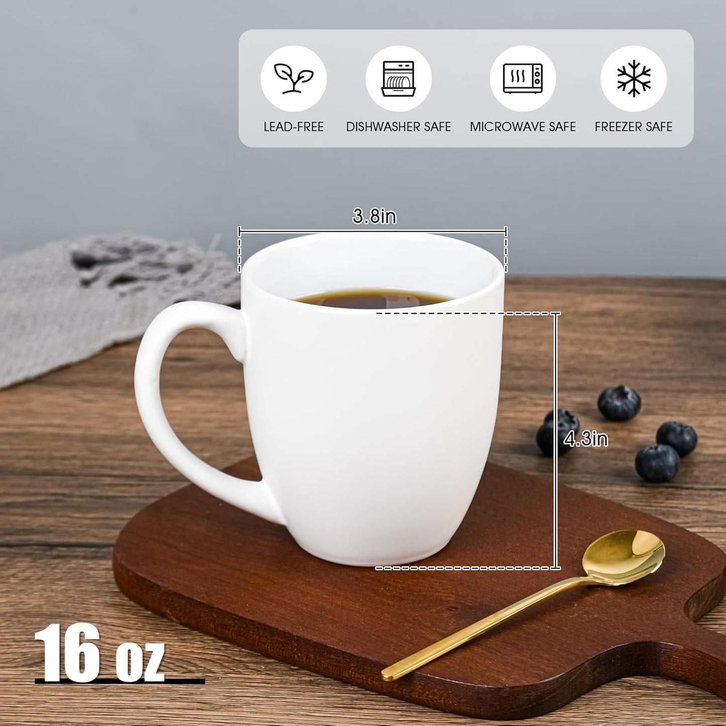 16oz Coffee Mugs Set of 6, Large Ceramic Modern Coffee Mugs With Handle For Tea,Latte,Cappuccino,Cocoa. Dishwasher.Microwave Safe (Matte White)