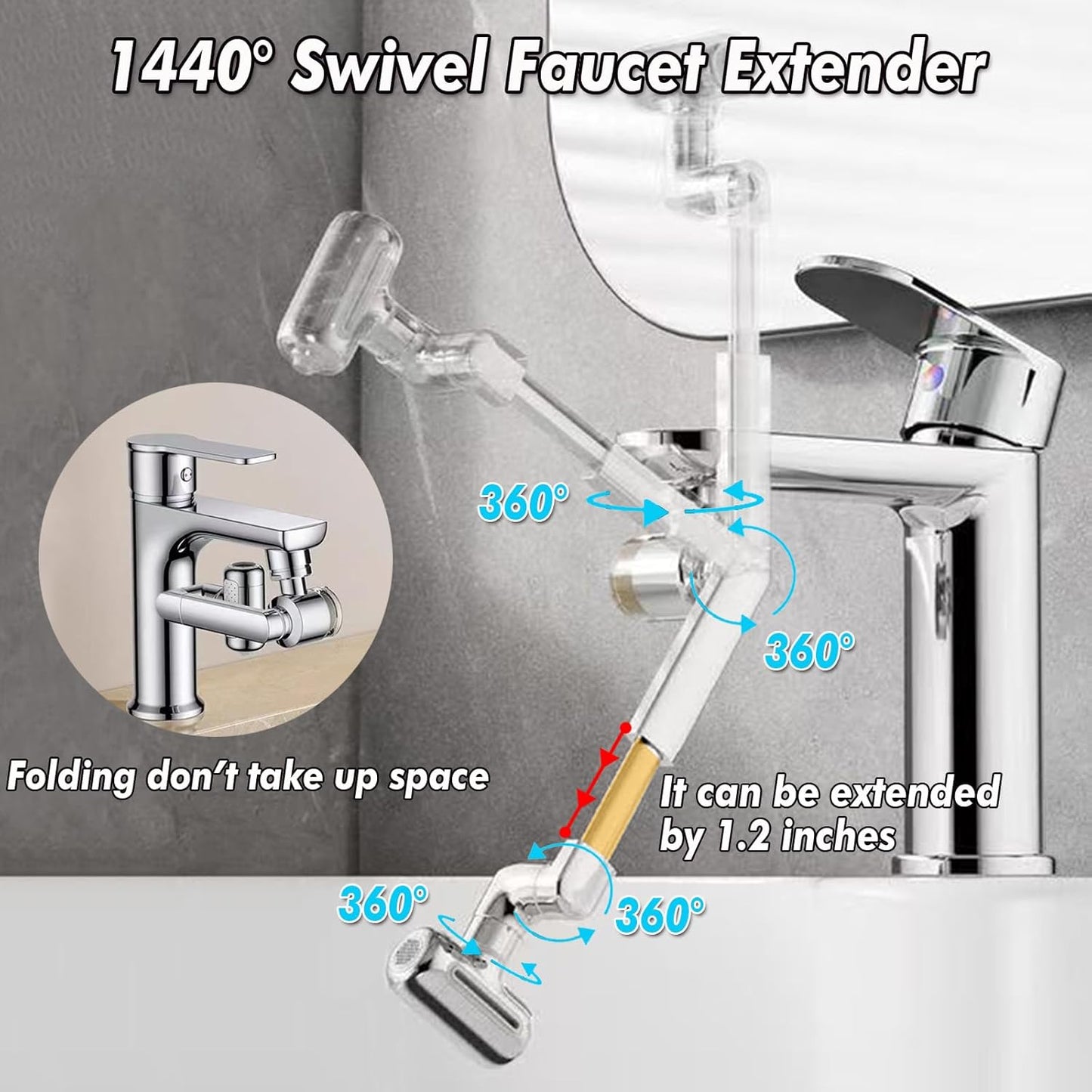 1080° Swivel Faucet Extender - Filter Sink Aerator, 4 Mode Splash Water Filter Extension, Universal Robotic Arm -Wash Hand/Hair/Face