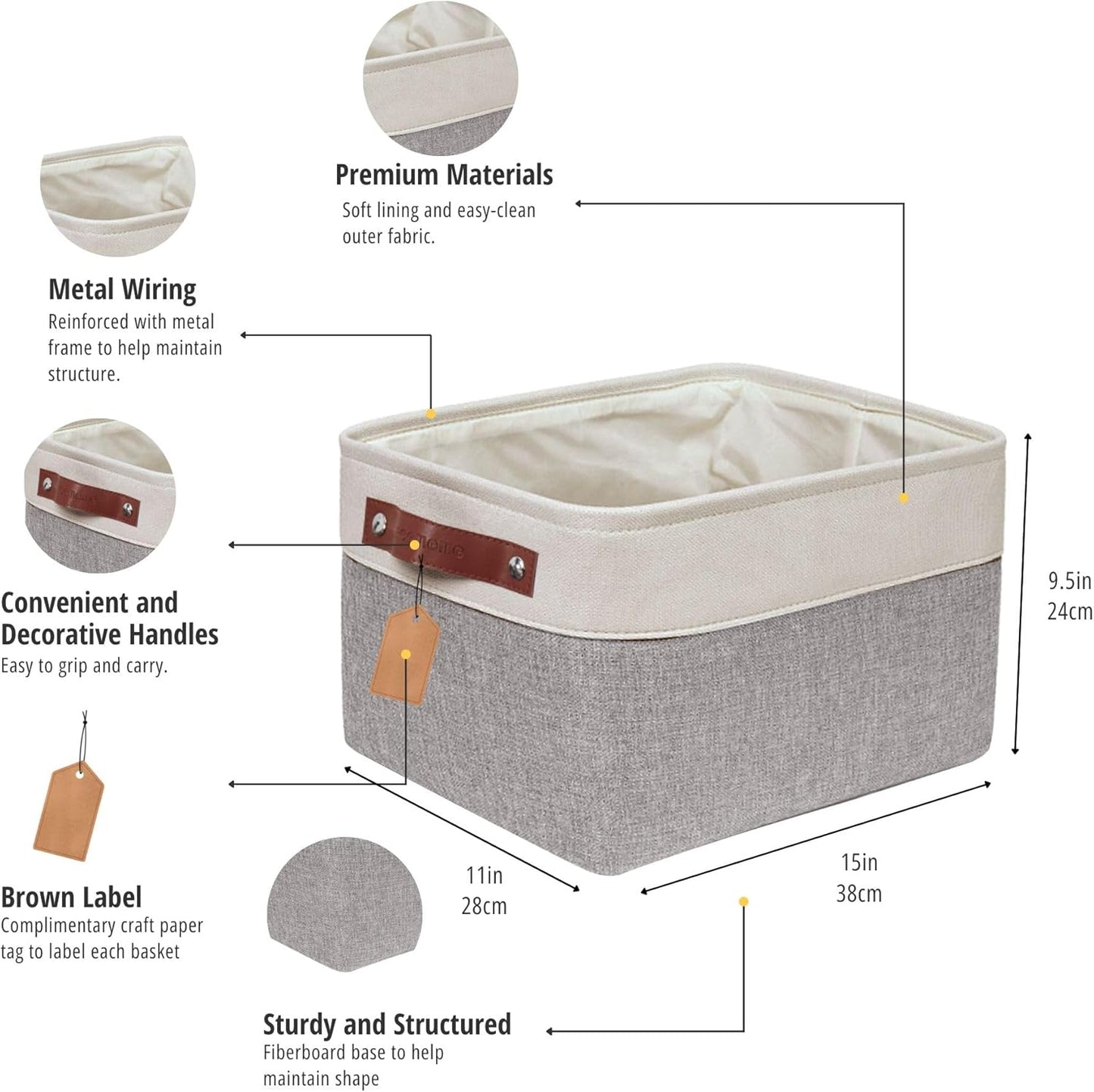 DECOMOMO Storage Baskets for Shelves - Fabric Storage Bins, Linen Closet Organizers and Storage (Grey & White, Large - 3 Pack)