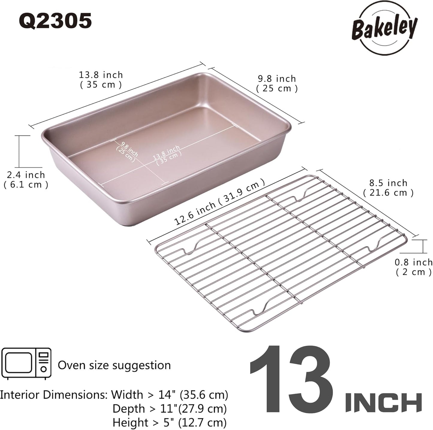 13-Inch Nonstick Roasting Baking Pan with Wire Rack(1Pan & 1Rack), Non-Stick Rectangular Deep Dish Oven-BBQ Bakeware for Oven Baking 13.78" x 9.84" x 2.36" (Champagne Gold)