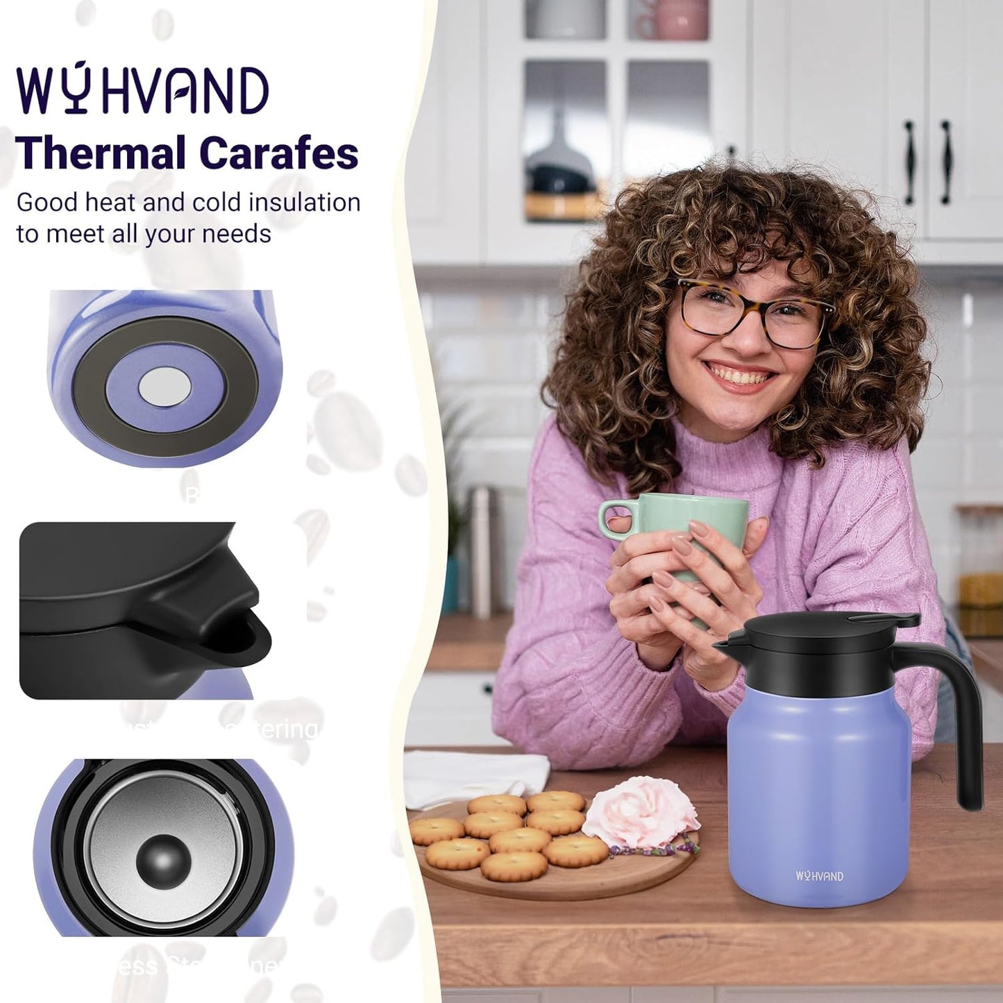 34Oz Thermal Coffee Carafe for Hot/Cold, Stainless Steel Thermos Carafes for Hot Liquids, Dustproof Insulated Hot Water Carafe for Party/Home,Violet