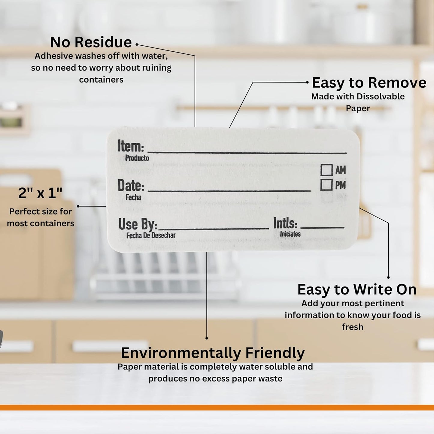 2x1 Dissolvable Food Labels, 250 Label Stickers, Bottle Labels for Storage Bins, Sticker Labels for Food containers, (250, Black)