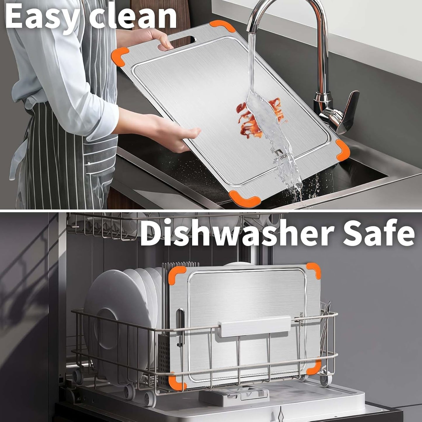 100% Pure Titanium Cutting Board with Grooves, Update Double Side Titanium Chopping Board, Silicone Anti-slip Stainless Cutting Boards for Kitchen 9 * 13 IN, Orange