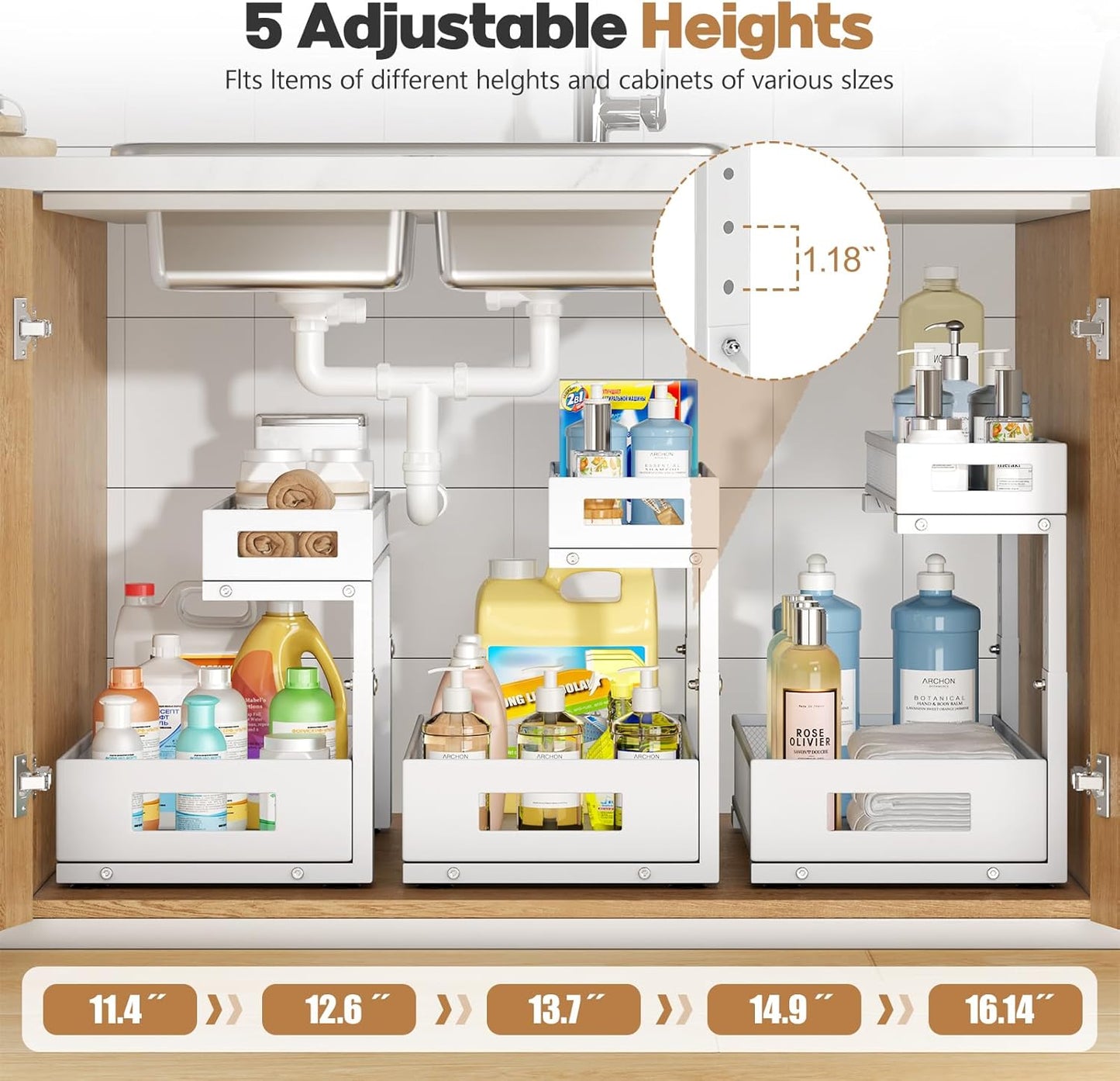 1 Pack-11.4"-16.14"H Under Sink Storage Organizer, Large 2-Tier Elegant Mesh Pull Out Shelf for Kitchen and Bathroom Cabinet Organization, L-Shaped and Adjustable Height Design for Maximum Space-White