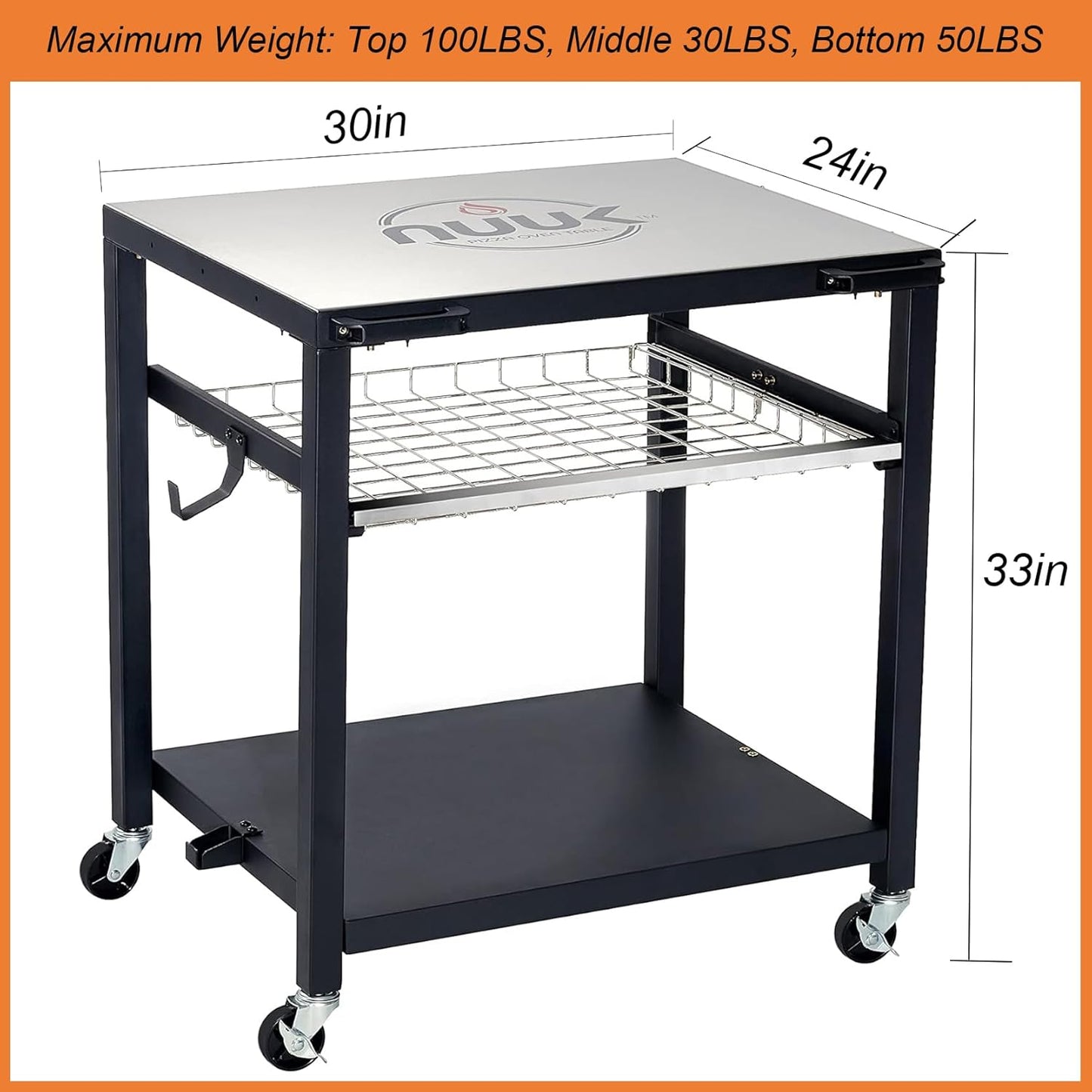 NUUK Double-Shelf Movable Outdoor Pizza Oven Table, 24" x 30" Stainless Steel Commercial Multifunctional Food Prep Worktable with Drawer on Wheels