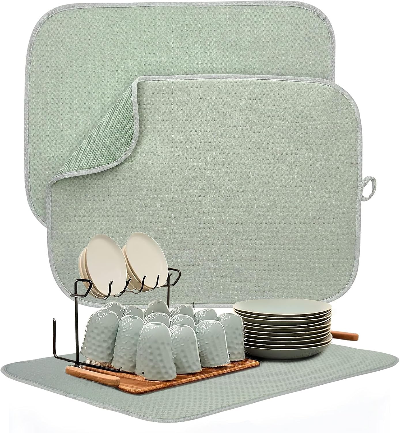 2 Packs Dish Drying Mats for Kitchen Counter, Drying Matt Kitchen Counter, Sage Green Kitchen Dish Drying Mat & Dish Dryer Mat for Drying Dishes, 20 x 15 inches (Green)