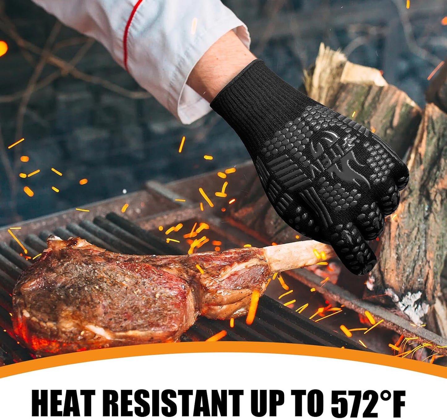 BBQ Gloves, Oven Gloves, 1472°F Extreme Heat Resistant Barbecue Gloves, Silicone Non-Slip Oven Mitts, Kitchen for Cooking, Grilling, and Baking (Black)