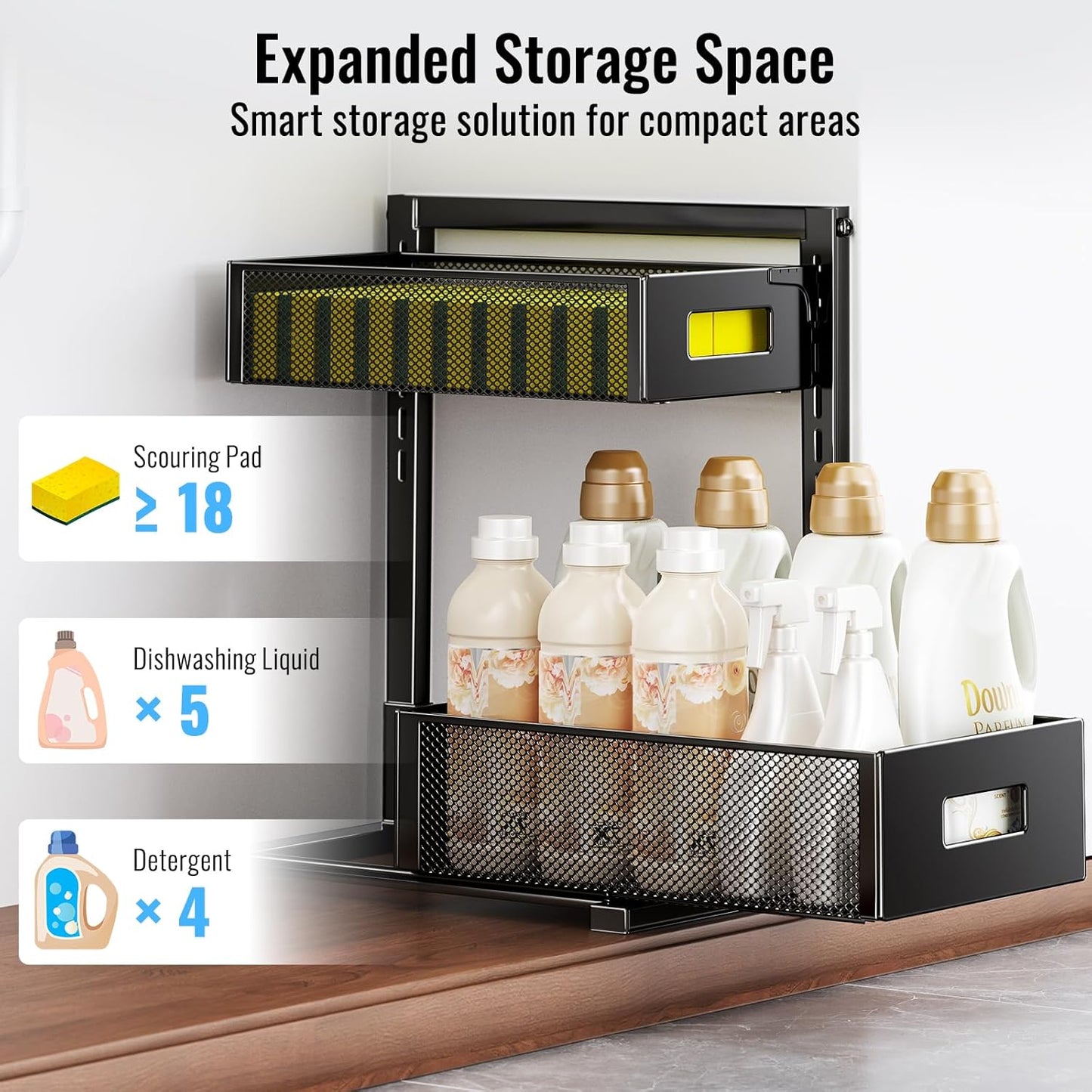 2-Tier Under Sink Organizer, Silk-Smooth Metal Sliding Drawer Organizers and Storage Rack, Pull Out Cabinet Shelf for Kitchen, Bathroom, Pantry, Cabinet, Closet