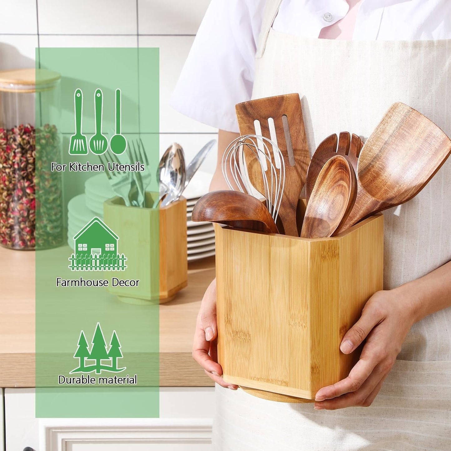 2 Pack Wooden Utensil Holder, 360°Rotating Kitchen Cooking Utensil Crock, Spoon Spatula Holder for Kitchen Counter, Farmhouse Countertop Organizer ()