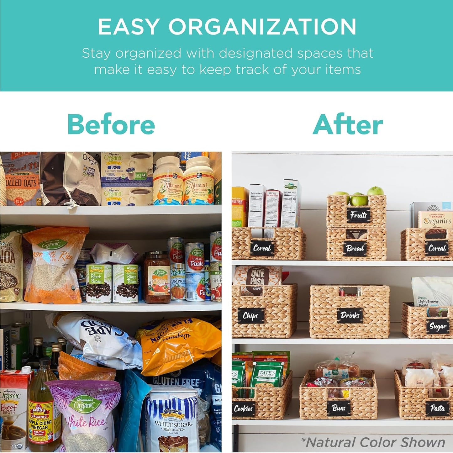 Best Choice Products Set of 4 16x12in Large Water Hyacinth Pantry Baskets, Woven Organizers w/Chalkboard Label, Chalk Marker - Black