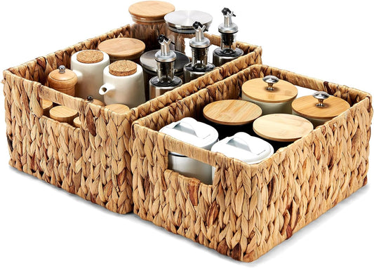 Wicker Baskets 2 Pack, Water Hyacinth Rectangular Storage Basket with Handles, Large for Organizing, Natural