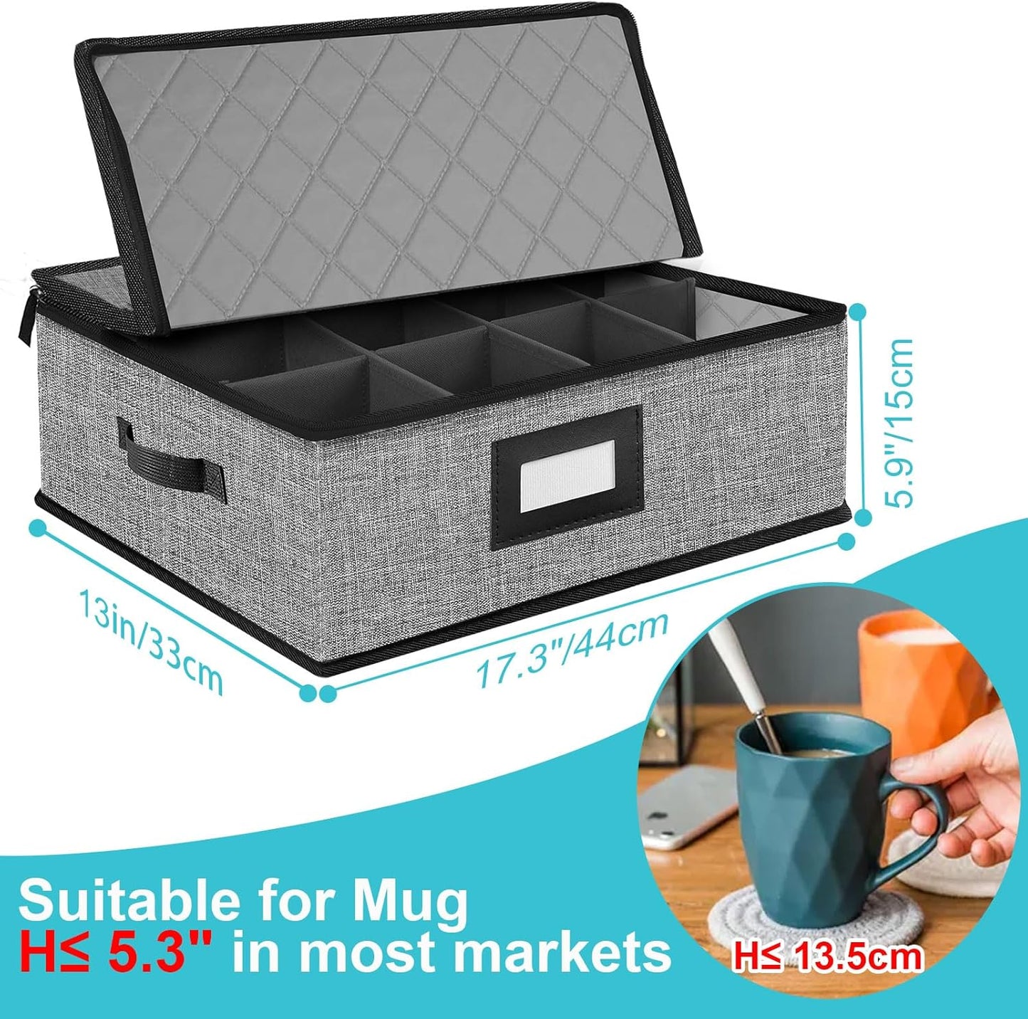 2PACK Quilted Mug Cup Storage Box-China Storage Containers Hard Shell,Cup Storage Containers with Lid for Moving Transport,Kichen Dinnerware Storage