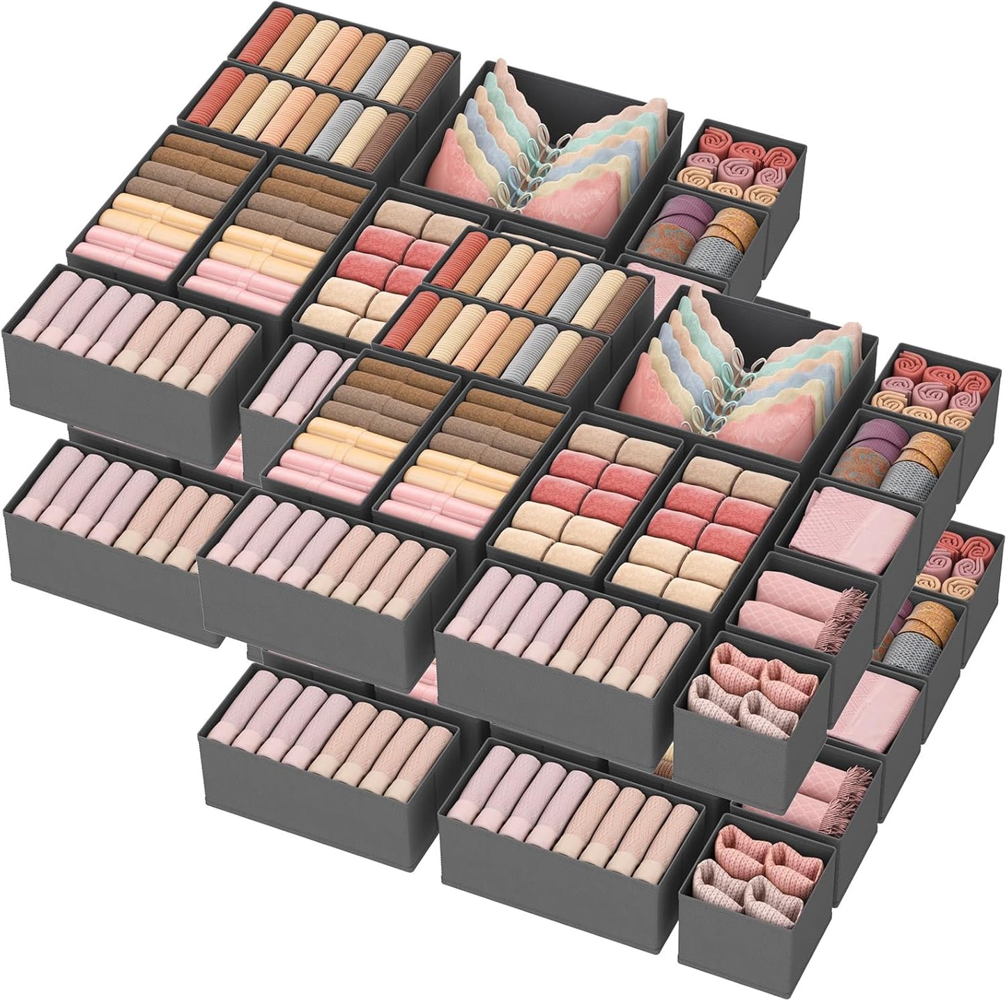 Lifewit Drawer Organizer Clothes for Closet 48 Pack, 3 Sizes Underwear Wardrobe Drawer Dividers, Fabric Foldable Dresser Storage Organizer Bins for Sock/Bra/Lingerie/Undies, Gray