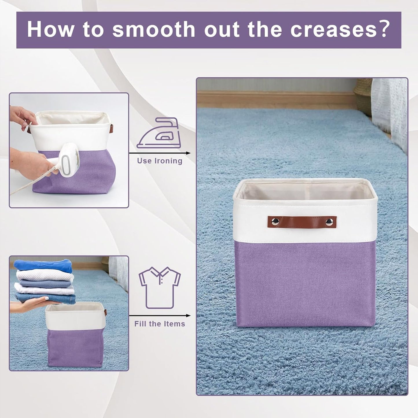 Collapsible Fabric Storage Cubes 11x11 Cube Storage Bins, 4 Pack Closet Baskets Box with Handles for Organizing, Shelf, Toys, Clothes, Home, Office, Nursery (Purple&White)