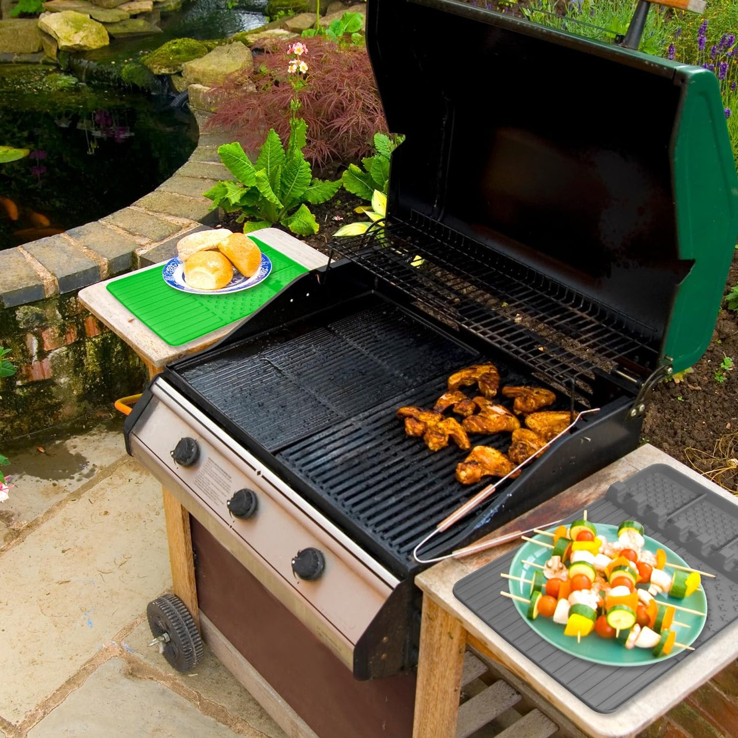 2 PCS Silicone Griddle Tools Mat for Blackstone,Grill BBQ Caddy Utensils Holder for Kitchen,Cooking & Countertop,Large Spatula Mat with Drip Pad,Griddle Accessories for Blackstone (green 2pcs)