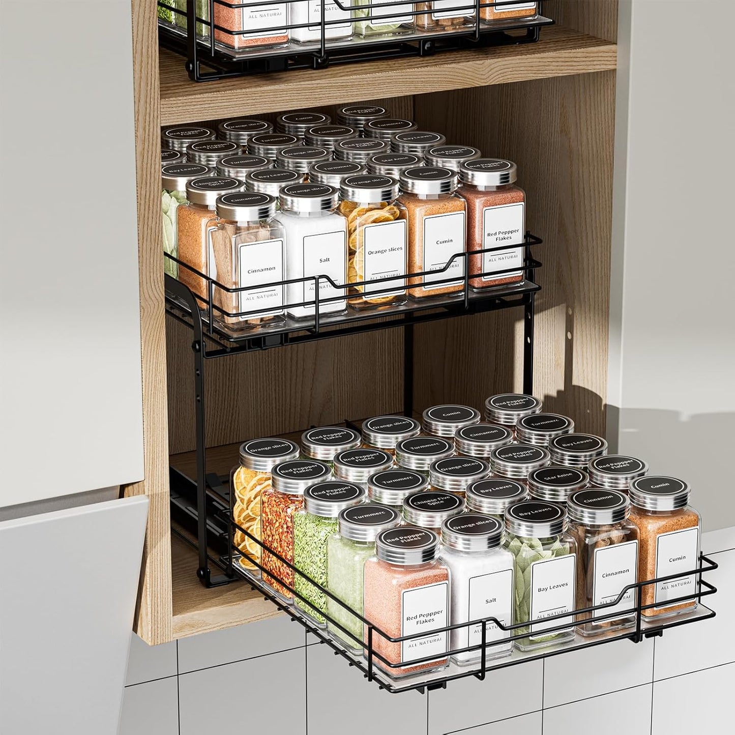 2-Tier Spice Rack Organizer, Pull Out Spice Rack for Cabinet, Height Adjustable Heavy Duty Metal Basket for Inside Cabinet & Pantry (11.5''Wx10.5''Dx9.5''H)