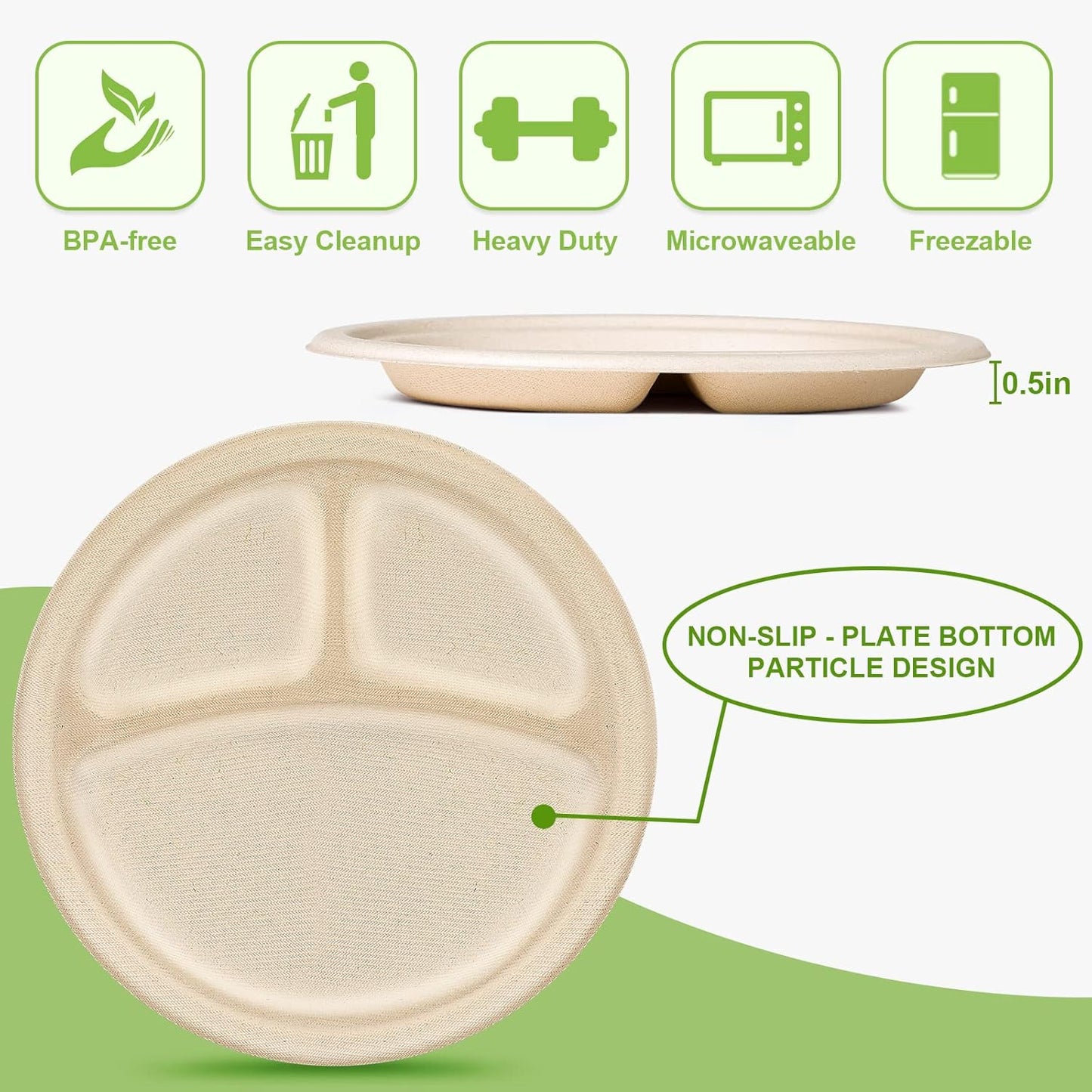 Compartment Plates - Disposable, 9 inch, 100 Pack, Biodegradable, Heavy Duty with Dividers