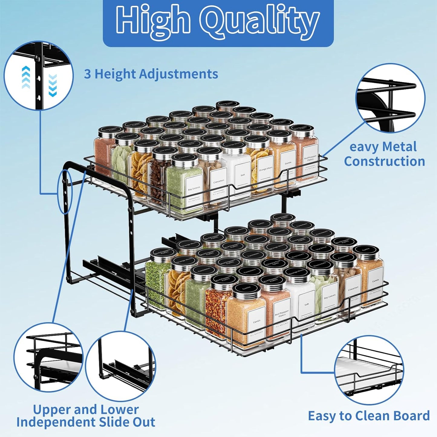 2-Tier Pull Out Spice Rack, Spice Rack Organizer, Pull Out Spice Racks for Inside Cabinets, Height Adjustable Heavy Duty Metal Basket for Inside Cabinet & Pantry (13.5''Wx10.5''Dx9.5''H)