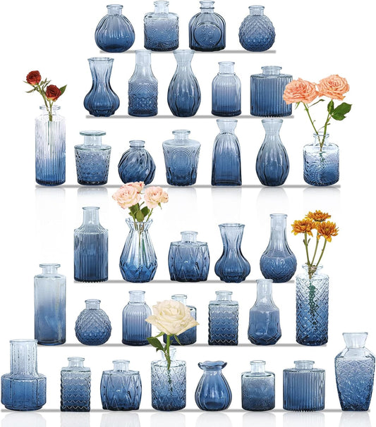 36Pcs Bud Vases Set Small Vintage Glass Bottles Bud Vases in Bulk Multiple Shape Cute Glass Vases for Rustic Wedding Centerpieces Table Decorations and Home Decor(Blue)