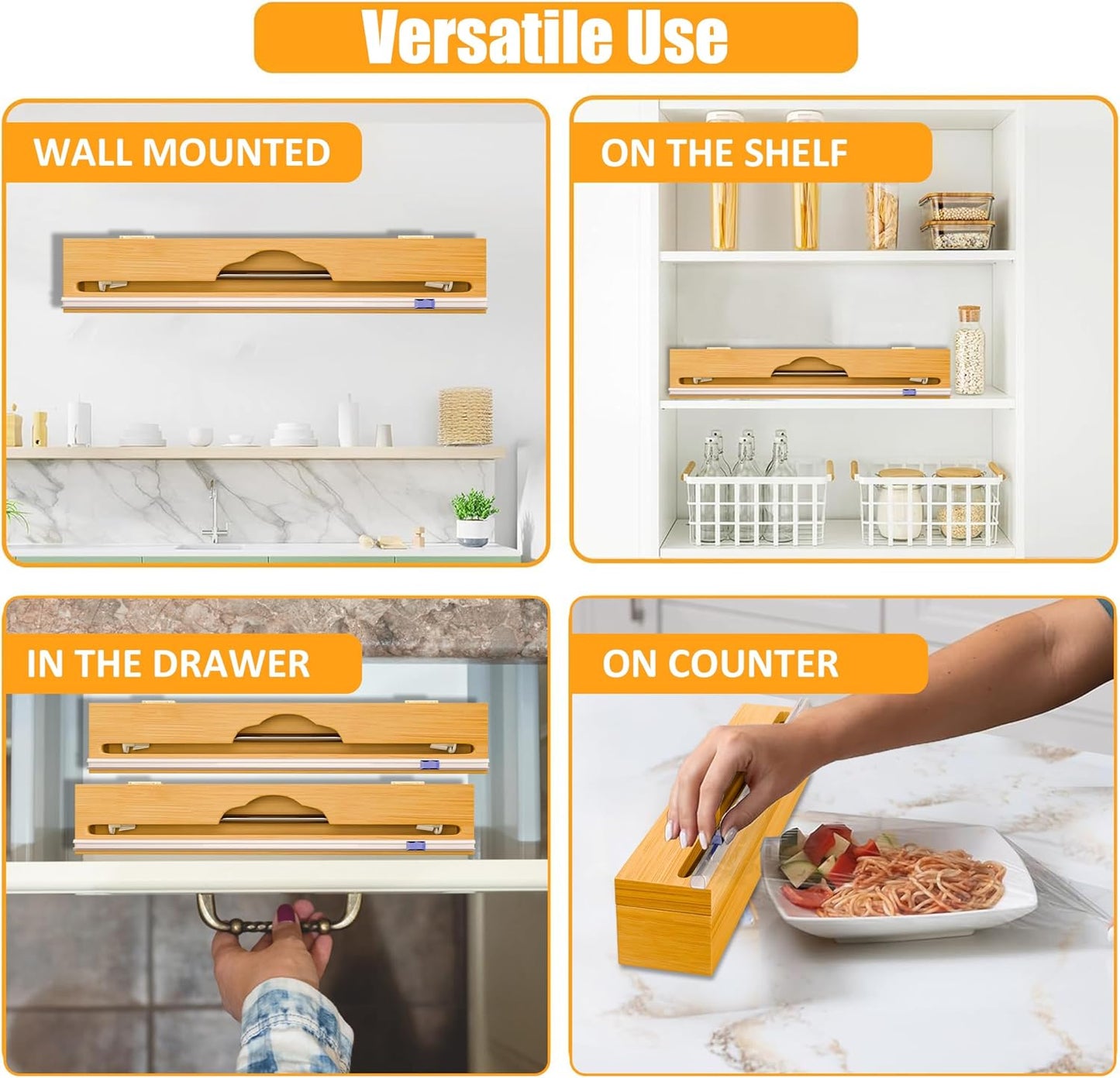 15'' Bamboo Plastic Wrap Dispenser with Cutter- Aluminum Foil Dispenser for Plastic Wrap, Parchment Paper Roll - Kitchen Wrap Dispenser with Cutter for Kitchen – Fits Up to 15'' Rolls